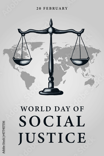 world day of social justice banner design with illustration scales of justice. vector