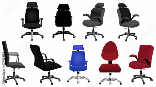 Set of office chairs.Black,blue red chair front ,side,back view