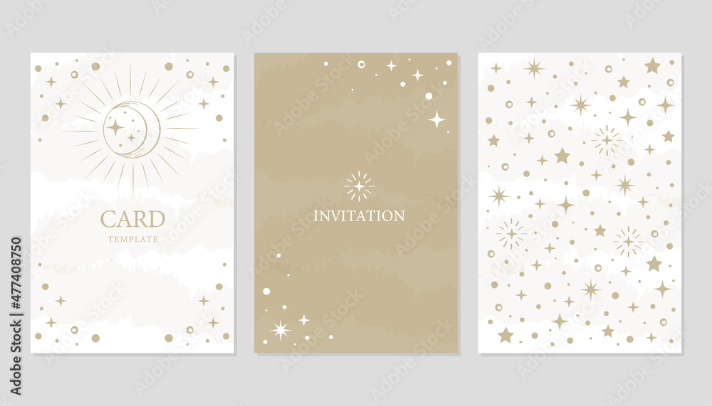 Gold moon and star card design  template collection. Vector starry night invitation design background.