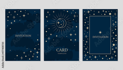 Gold moon and star card design  template collection. Vector starry night invitation design background.