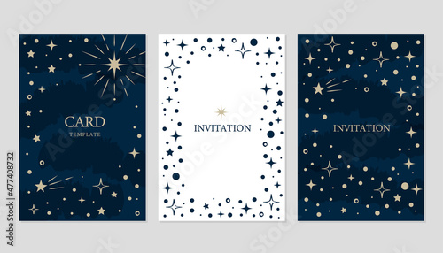 Gold star card design  template collection. Vector starry night invitation design background.