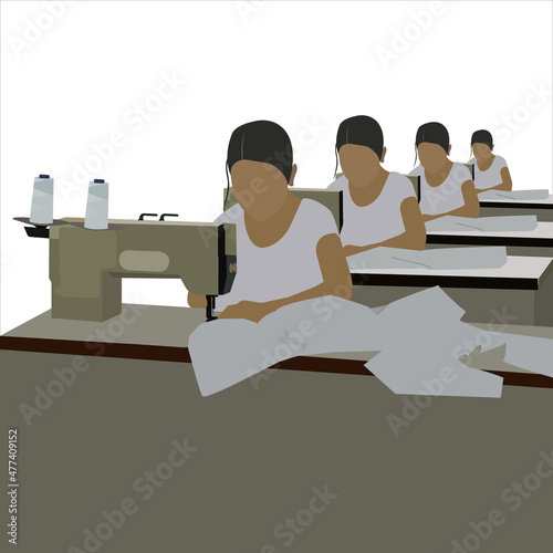 A lot of girls sew clothes for mass production. Difficult working conditions. Women sit at sewing machines.