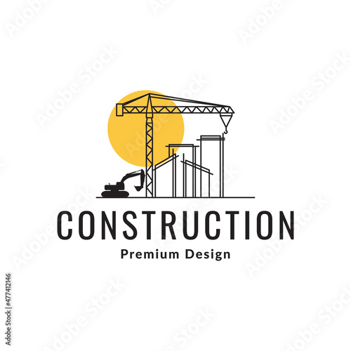 line construction with crane excavator and sunset logo design vector graphic symbol icon sign illustration creative idea