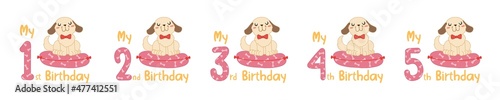 Baby birthday with childish numbers and cartoon animals. Set of cute pink figures with dog in scandinavian style for design birthday party, decorate nursery, print, sublimation.