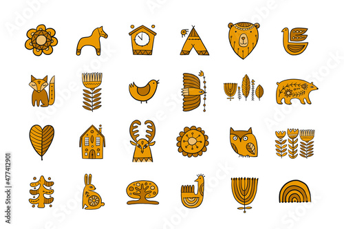 Nordic Design Elements Collection. Folk Style Nature and animals