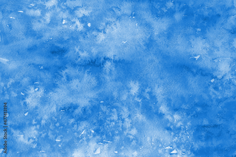 abstract light sea blue winter watercolor hand painted splash gradient texture with snow stains pattern on white blue.