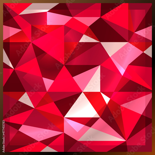 Ruby in golden frame, square red gem. Shiny red diamond precious gemstone background. Abstract beautiful sparkling gemstone texture. Vector illustration