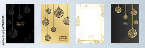 Christmas cover, frame design set. Winter vector template with gold line pattern snowball  in gold, black color background. Holiday decoration for celebration New year menu, brochure, flyer, catalog.