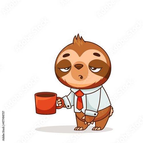 A cute tired sloth stands and holds a cup of coffee. Office worker at work. Vector illustration for designs, prints and patterns. Vector illustration