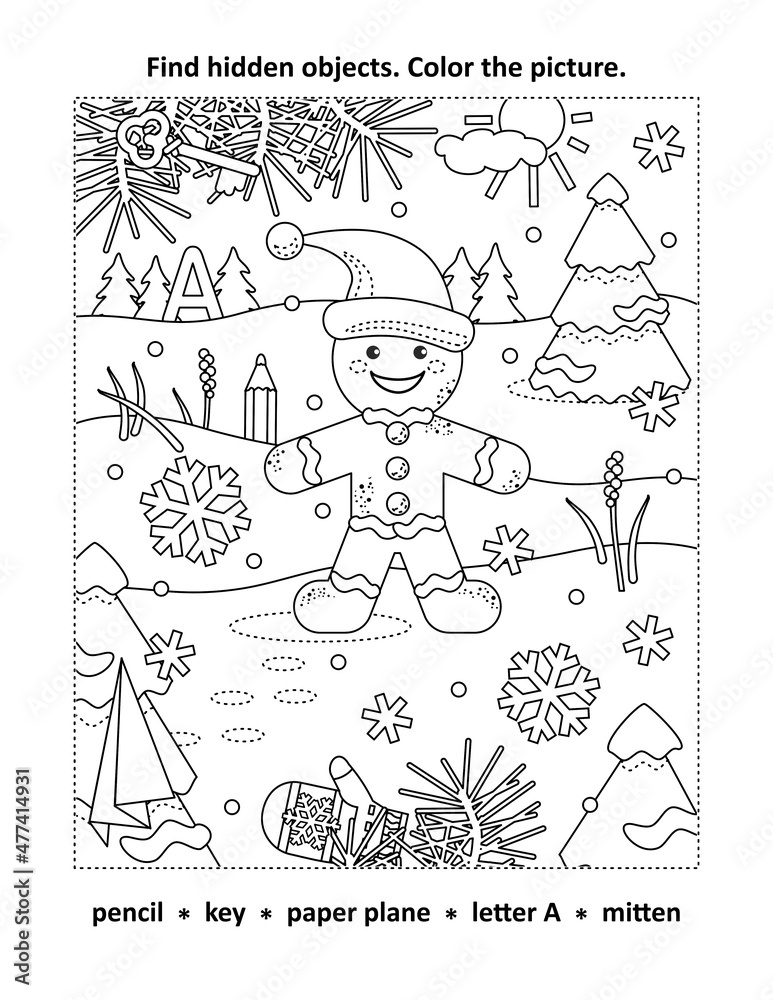 Hidden objects, or seek and find, picture puzzle and coloring page activity sheet with happy cheerful gingerbread man walking outdoor
