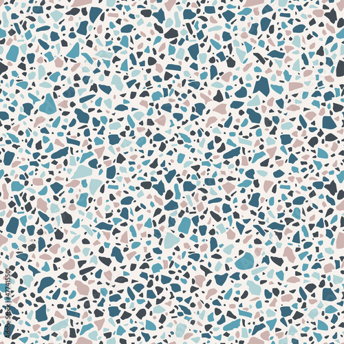 Natural stone tile, granite, quartz small pebbles shapes. Terrazzo seamless pattern design. Modern backdrop textured. Marble wallpaper on white background. Vector