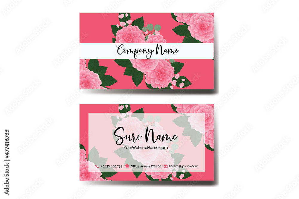 Business Card Template Pink Dahlia Flower .Double-sided Pink Colors. Flat Design Vector Illustration. Stationery Design