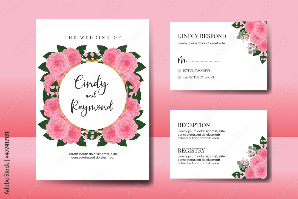 Fototapeta premium Wedding invitation frame set, floral watercolor Digital hand drawn Pink Dahlia Flower design Invitation Card Template