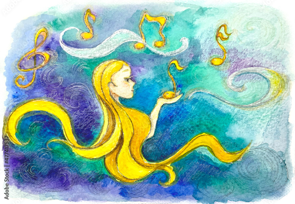 Cute fabulous watercolor illustration about a magical girl with long golden hair around whom notes and a clef are hovering in the sky. Fairy of music, inspiration and dreams. Hand drawn postcard