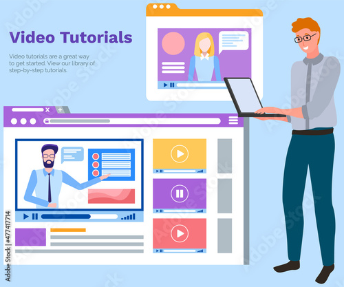 Video tutorials, study and learning concept. Monitor with online player on screen. Online webinar seminar speaker student web consultation webcast e meeting video training course vector landing page