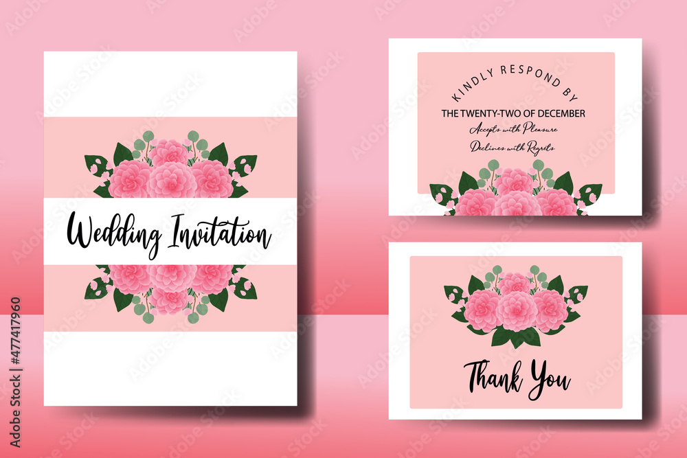 Wedding invitation frame set, floral watercolor Digital hand drawn Pink Dahlia Flower design Invitation Card Template