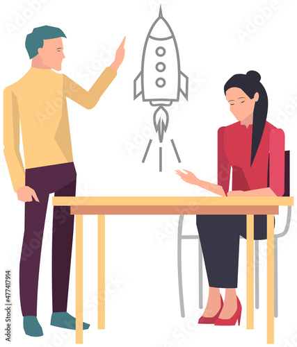 Businesspeople have project strategy planning meeting. Teamwork with business plan, creating new creative project. Meeting to discuss starting business. Colleagues discussing work in entrepreneurship