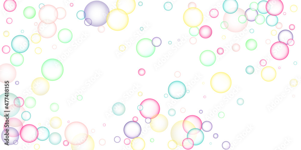 Soapy bright multicolored bubbles fly randomly on a white background. Vector illustration
