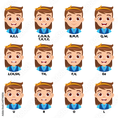 Kid school girl character avatar and with mouth animation pack with lip syncing set for animation and sound pronunciation