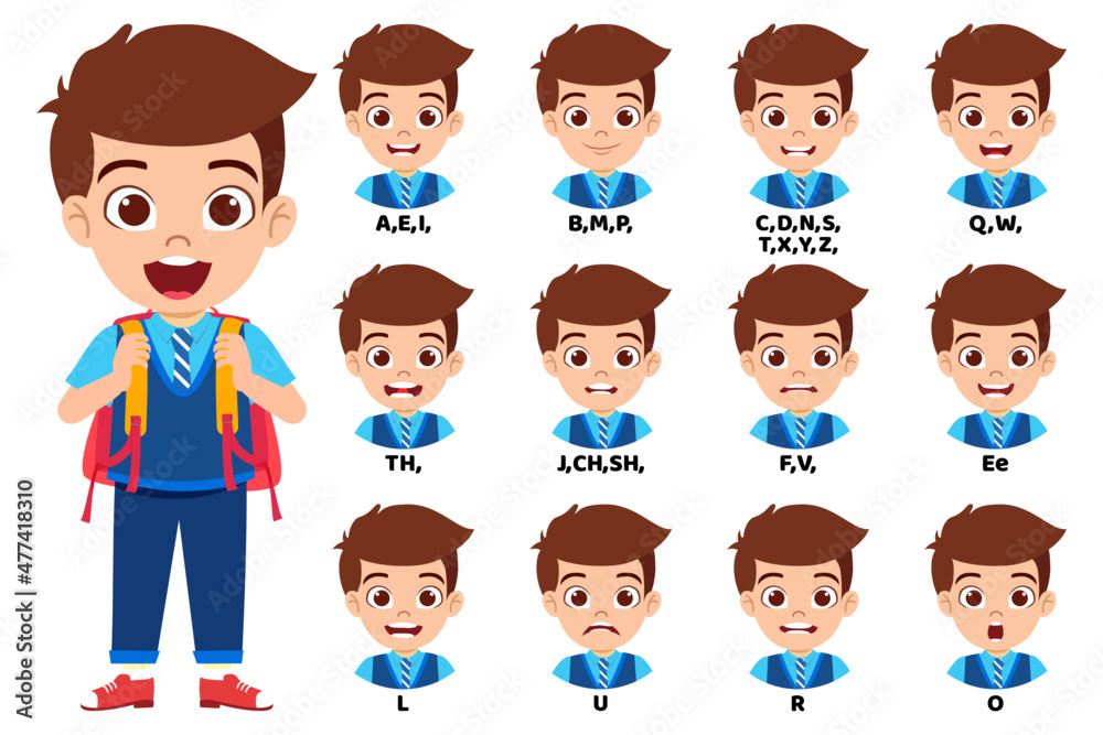 Kid school boy character standing bag and with mouth animation pack with lip syncing set for animation and sound pronunciation Kid school boy character standing bag and with mouth animation pack with lip syncing set for animation and sound pronunciation