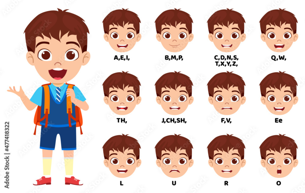 Happy cute kid school boy character standing bag and with mouth animation pack with lip syncing set for animation and sound pronunciation isolated Happy cute kid school boy character standing bag and with mouth animation pack with lip syncing set for animation and sound pronunciation isolated