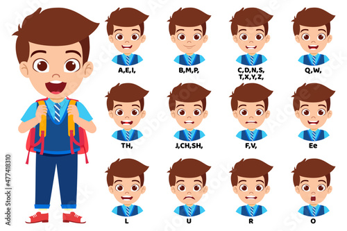 Kid school boy character standing bag and with mouth animation pack with lip syncing set for animation and sound pronunciation
