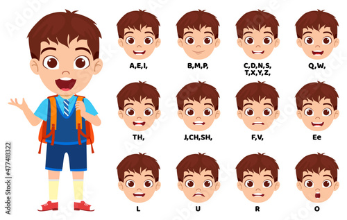 Happy cute kid school boy character standing bag and with mouth animation pack with lip syncing set for animation and sound pronunciation isolated