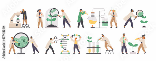 Colorful icons set with biochemical science laboratory staff performing various experiments. Scientists study plants, carry out analysis with equipment. Chemists analyse cells, plant structure