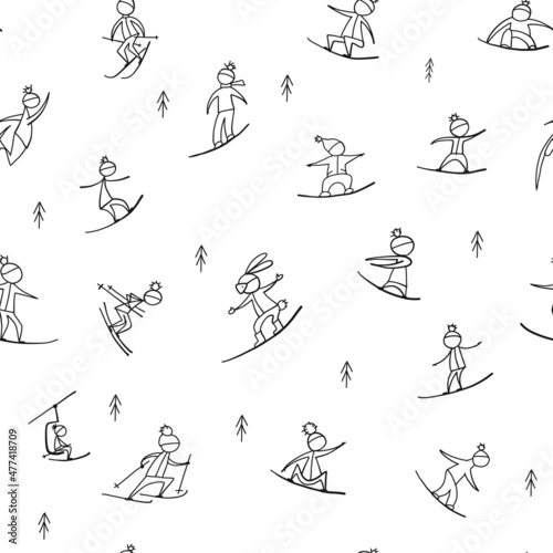 Snowboard time, people snowboarding from the mountain. Seamless pattern for your design