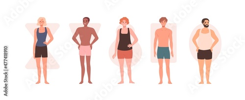 Men with different body shape types. Males in underwear, rectangle, triangle, hourglass, pear and apple anatomy. Slim and chubby people. Flat graphic vector illustration isolated on white background