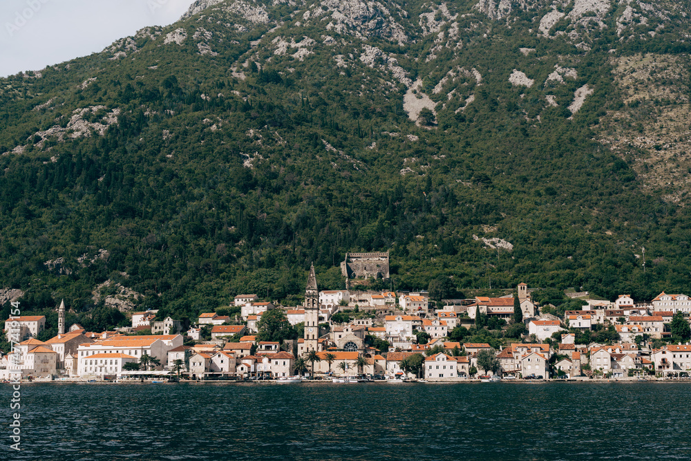 View from the sea to the Church of St. Nicholas on the coast of Perast. Montenegro