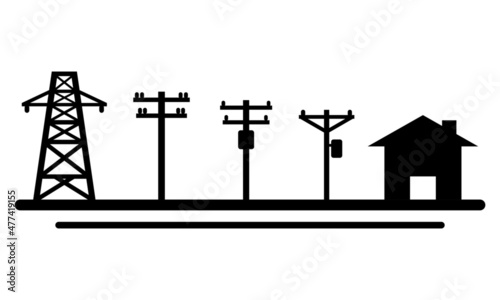 Electric poles to transmit electricity to house or home in day time on white background icon flat vector design. Concept eco clean green energy environmentally friendly.
