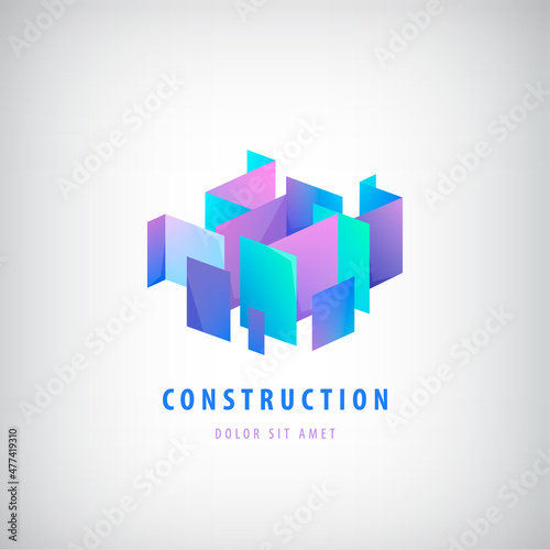 Vector abstract geometric purple, blue logo, icon. Construction building architecture logo, creative concept.