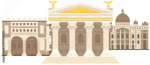 Ancient roman pantheon temple column building rome tiles, strategic development antique culture. Italian landmark Pantheon, old temple in city square. Traditional historical landscape ancient times