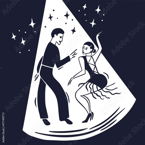 Hot man and woman dancing the latina dance on the stage light with a stars around. Salsa, Samba, Cha cha cha,  Rhumba‎, Jive. Flat hand drawn minimal vector illustration.