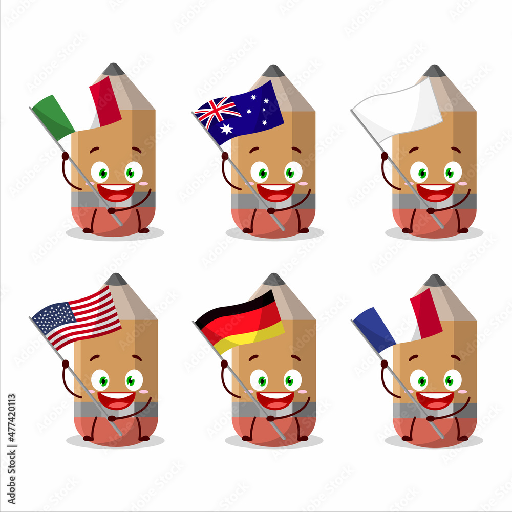 Pencil cartoon character bring the flags of various countries