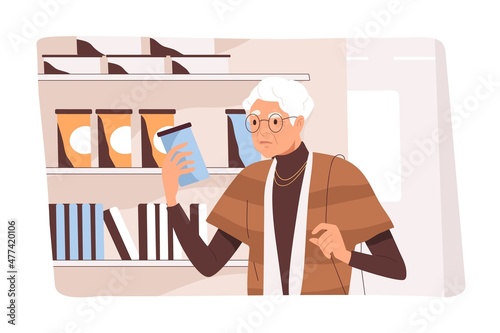 Senior customer choosing groceries in food supermarket. Elderly woman studying product composition. Consumer doing shopping, making purchases in store. Flat vector illustration of buyer in hypermarket