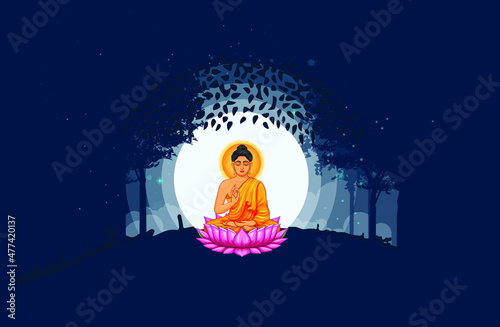 buddha buddhism meditation silhouette, Buddha sitting under bodhi tree background. Vector Illustration