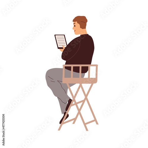 Actor reading film script before movie or theater scene playing. Rehearsal backstage with man holding laptop PC with screenplay. Flat vector illustration isolated on white background