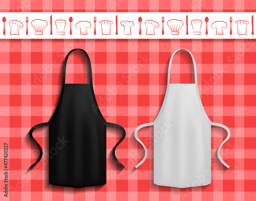 Black and white aprons near cooking symbols. Clothes for work in kitchen, protective element of clothing for cooking. Chef clothing with long straps. Aprons next to icons of kitchen utensil, toque