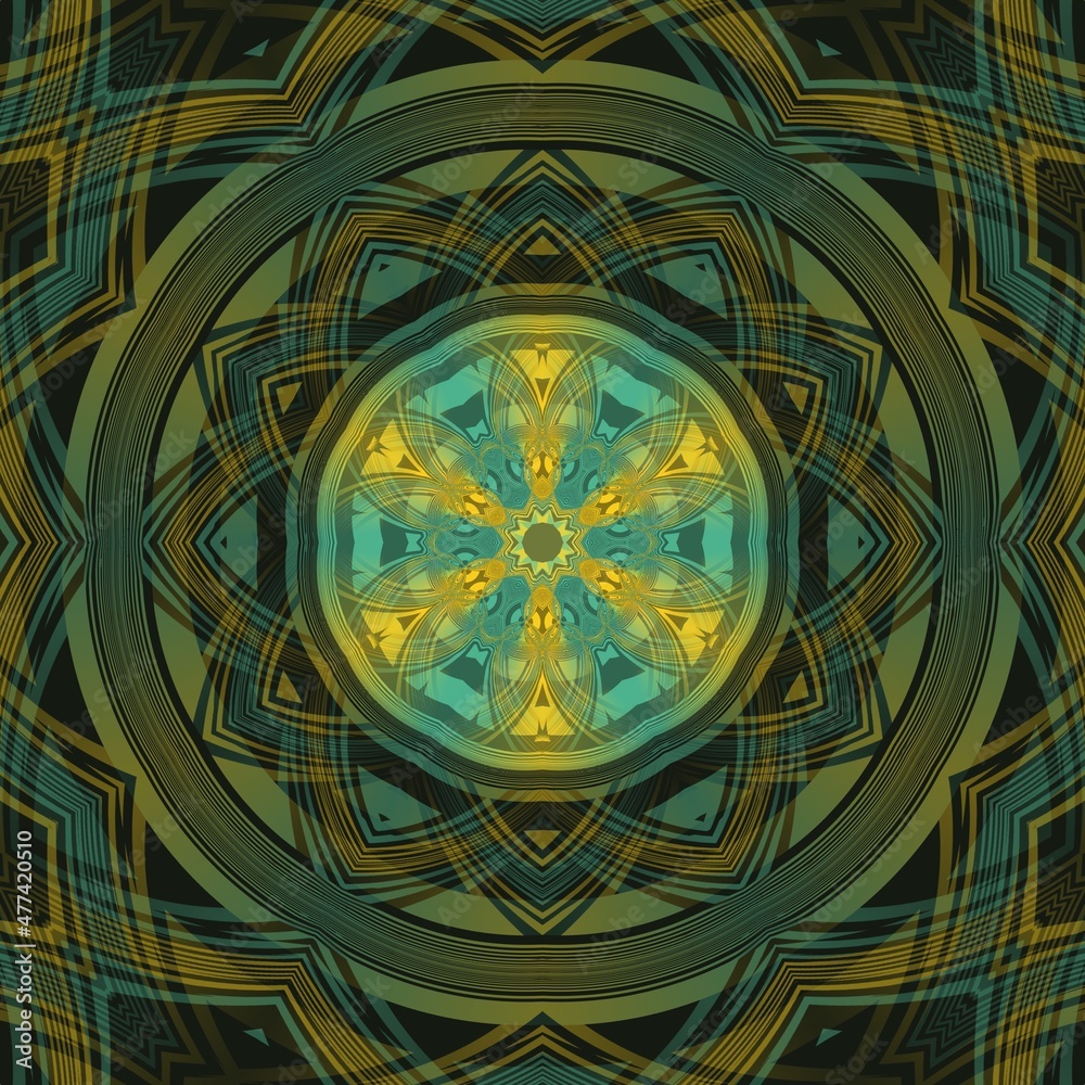 Obraz premium floral fantasy in blue green and yellow gold hexagonal design