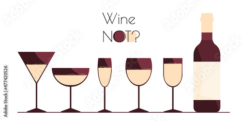 Abstract modern wine bottle and cocktail glasses. Alcohol beverage background for wine tasting, festival, promotion, menu. Vector flat illustration isolated on white.