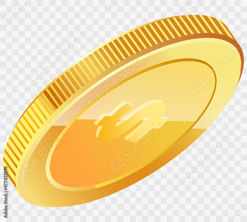 Gold coin with dollar sign isolated. Realistic 3d coin. Money penny as symbol of wealth and success. Income and high earnings in coins. Dollar coin vector illustration. Gold in form of penny