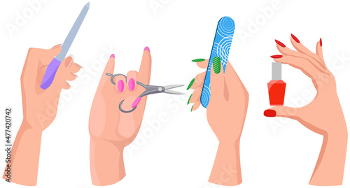 Various accessories and tools for working with hands and nails. Scissors, nail file, polish in woman hands. Hand care products, manicure supplies. Manicurist equipment set vector illustration