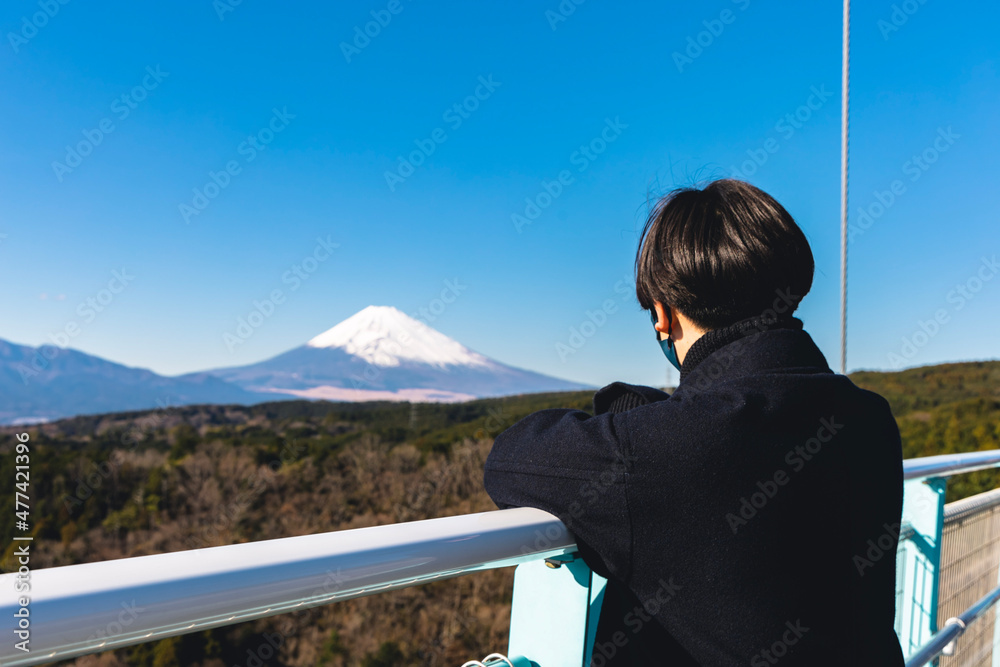 A man looking at Mt. Fuji from a suspension bridge