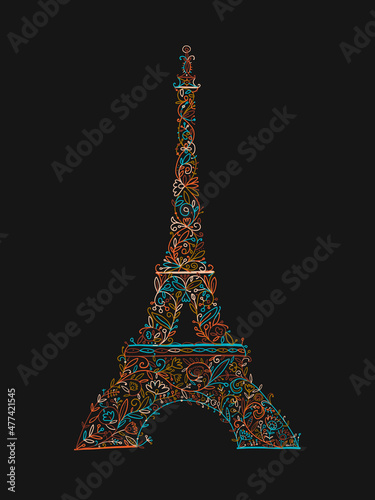 Stylized Eiffel Tower landmark in Paris, . Floral Ornament. Sketch for your d...