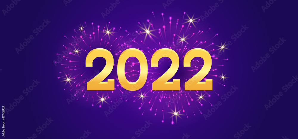 Illustration Happy New Year 2022 with gold number and firework on luxury purple background