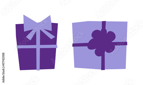 Vector illustration with two geometric purple and light violet gift boxes. Flat monochrome concept with isolated hand drawn presents for New Year surprise on white background