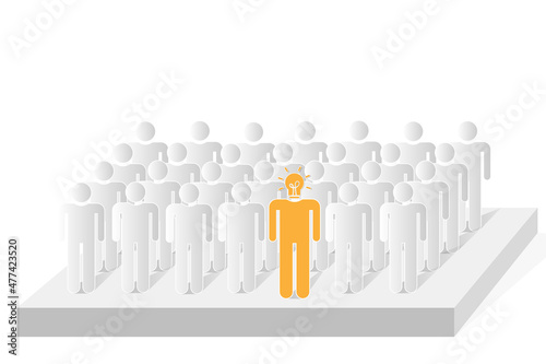 Selection of smart people. leadership with new ideas. human row on stage with light bulb icon. copy area. vector illustration
