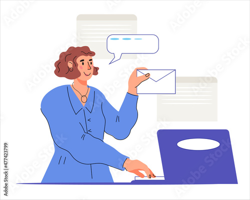 Business woman working at laptop and sending email, flat cartoon vector illustration isolated on background. Online business communication, analyzing and auditing process.
